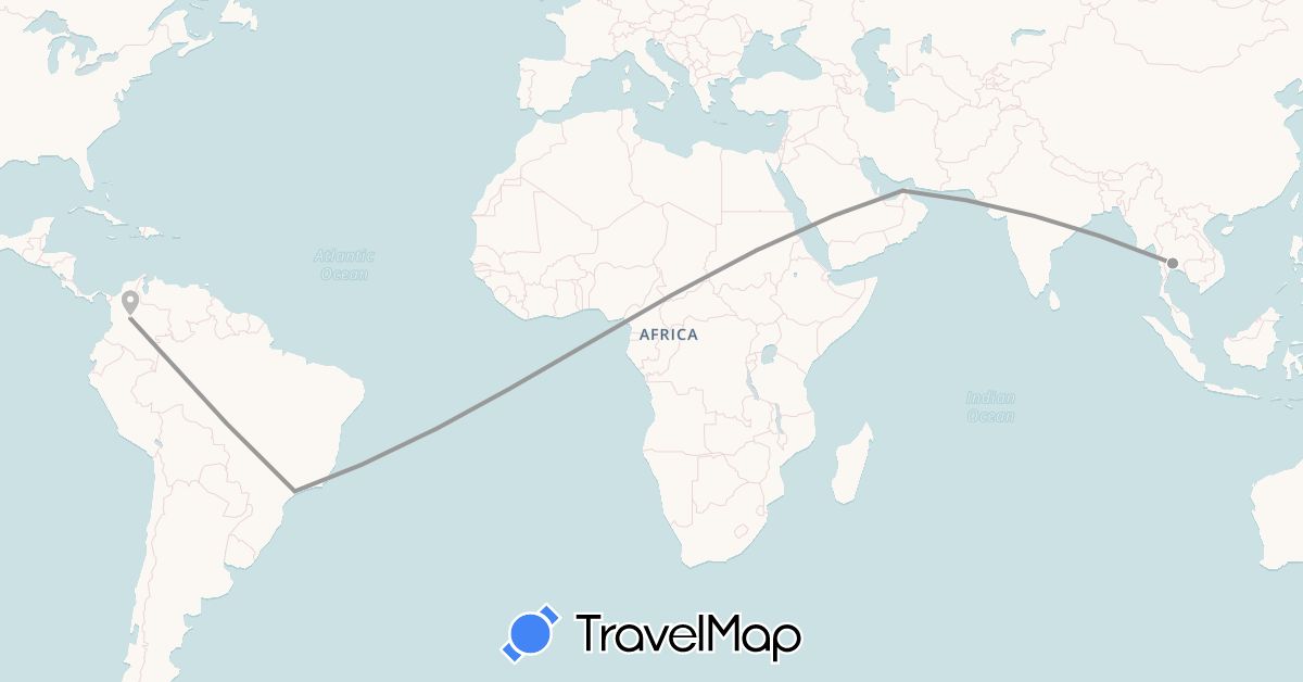 TravelMap itinerary: driving, plane in United Arab Emirates, Brazil, Colombia, Thailand (Asia, South America)